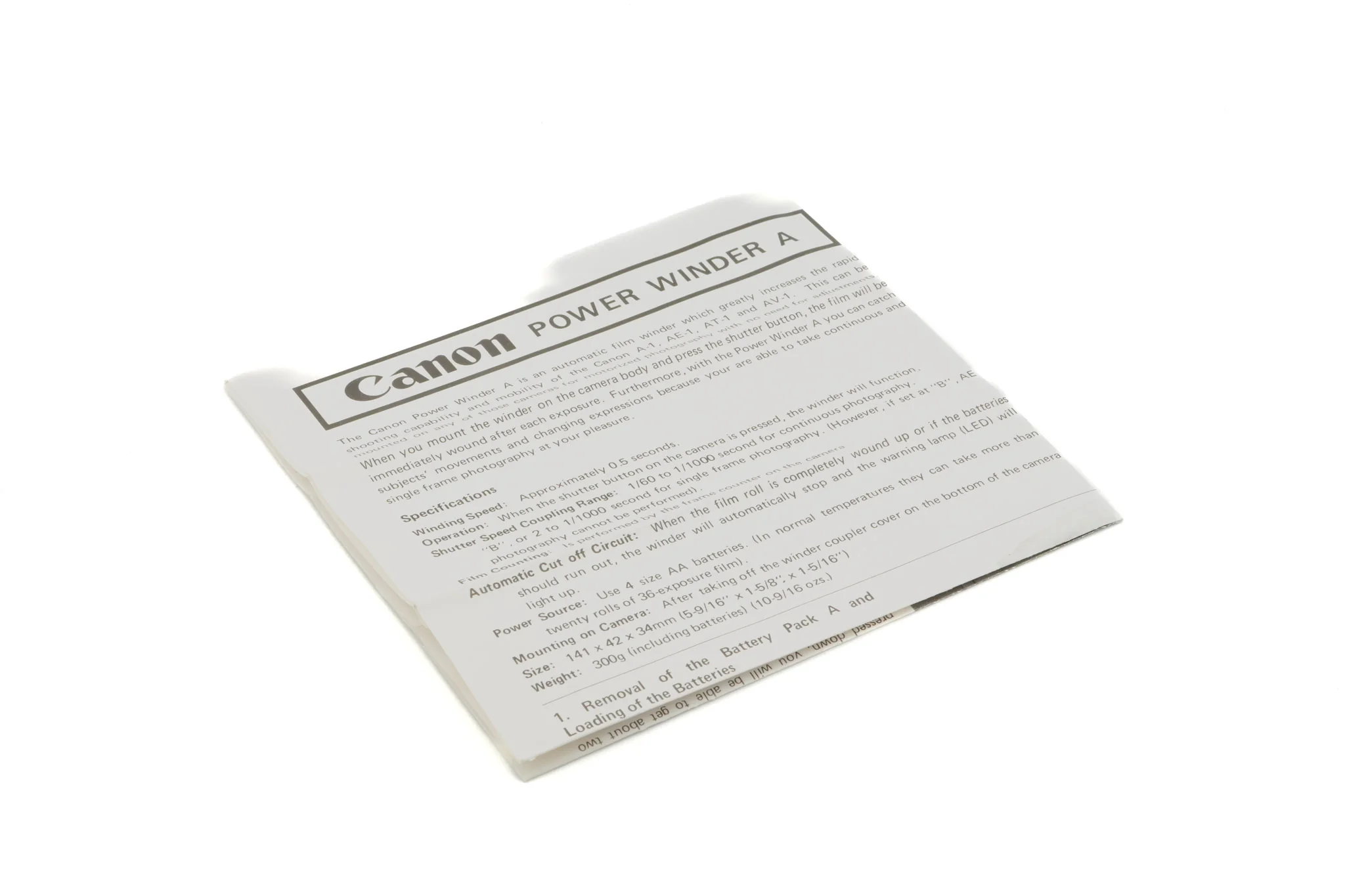Canon Power Winder A Data Sheet - Accessory