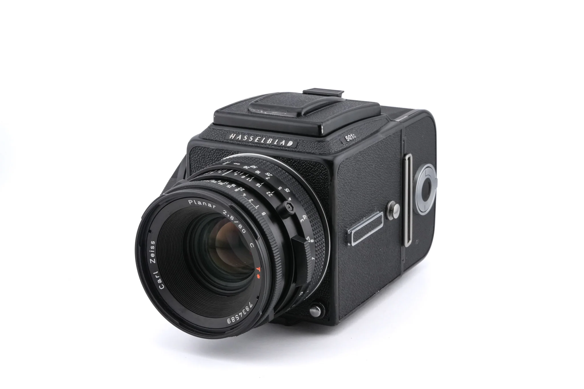 Hasselblad 501C (11045) + 80mm f2.8 Planar T* C (New) (20029) + A12N Film Magazine + Waist Level Finder (New / Black, 42323) + Acute Matte Focusing Screen (42165)