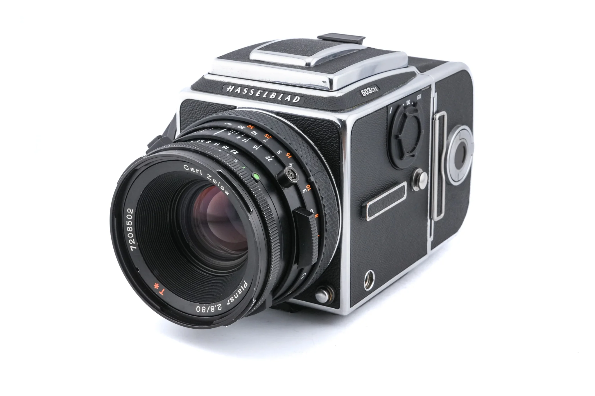 Hasselblad 503CXi (Silver, 10026) + A12N Film Magazine + Waist Level Finder (New / Chrome, 42315) + 80mm f2.8 Planar T* CF (20029) + Acute Matte D Microprism / Split Image Focusing Screen (42215)