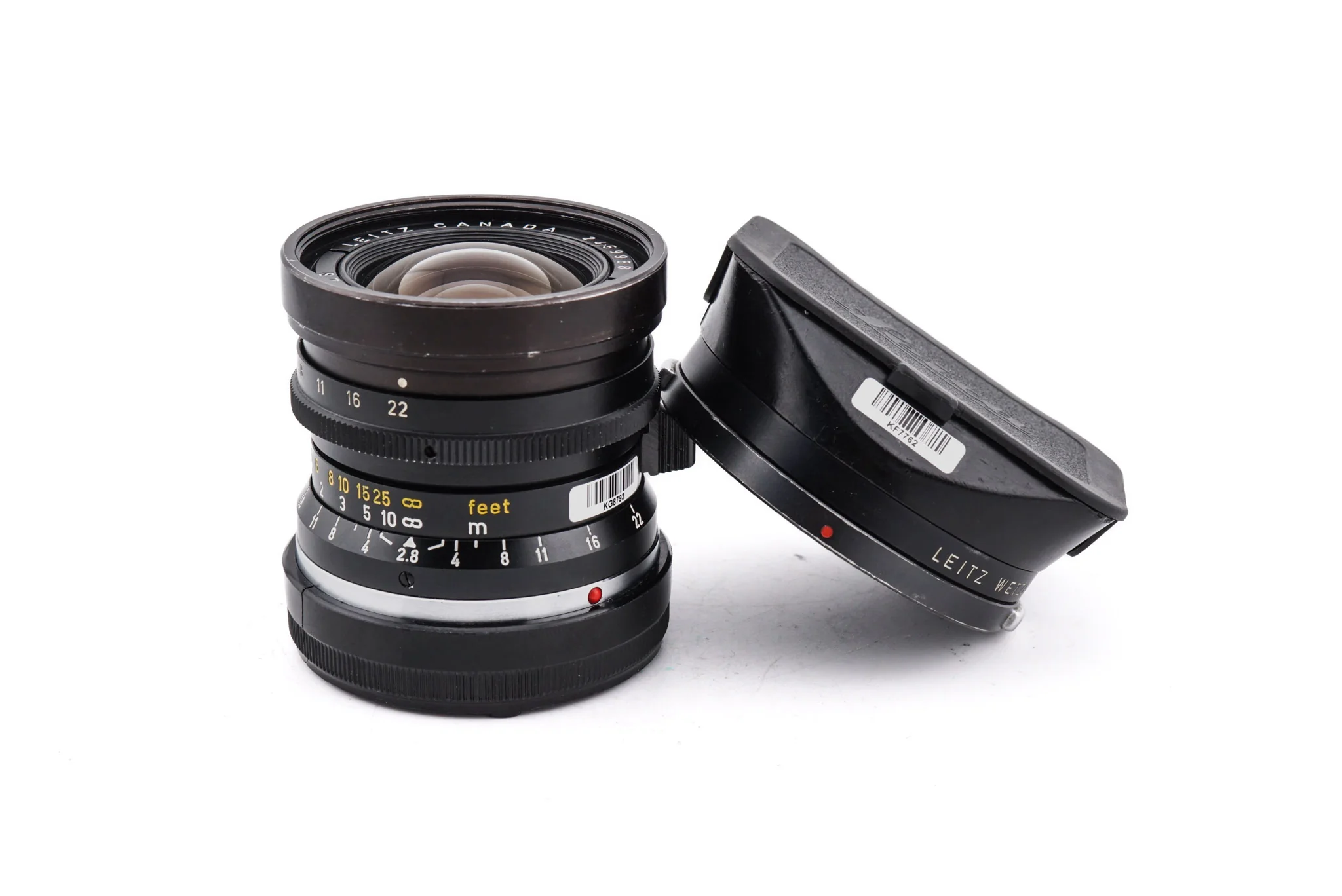 Leica 28mm f2.8 Elmarit (Type II) (Infinity Lock) + Lens Hood (21mm f3.4 / 28mm f2.8) (12501M)